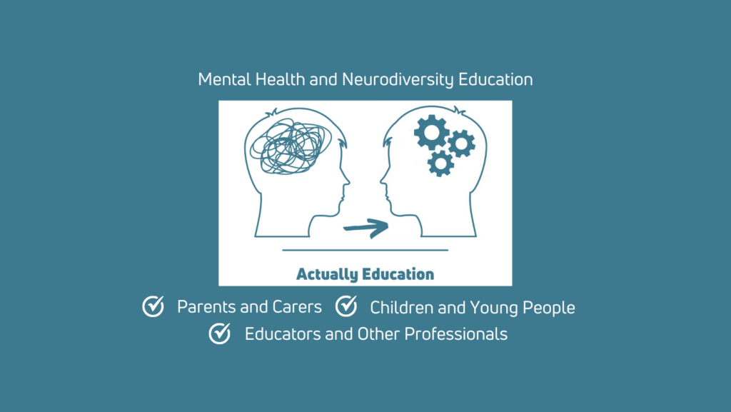 Mental Health and Neurodiversity Education, Actually Education Logo. Parents and Carers. Children and Young People. Educators and Other Professionals