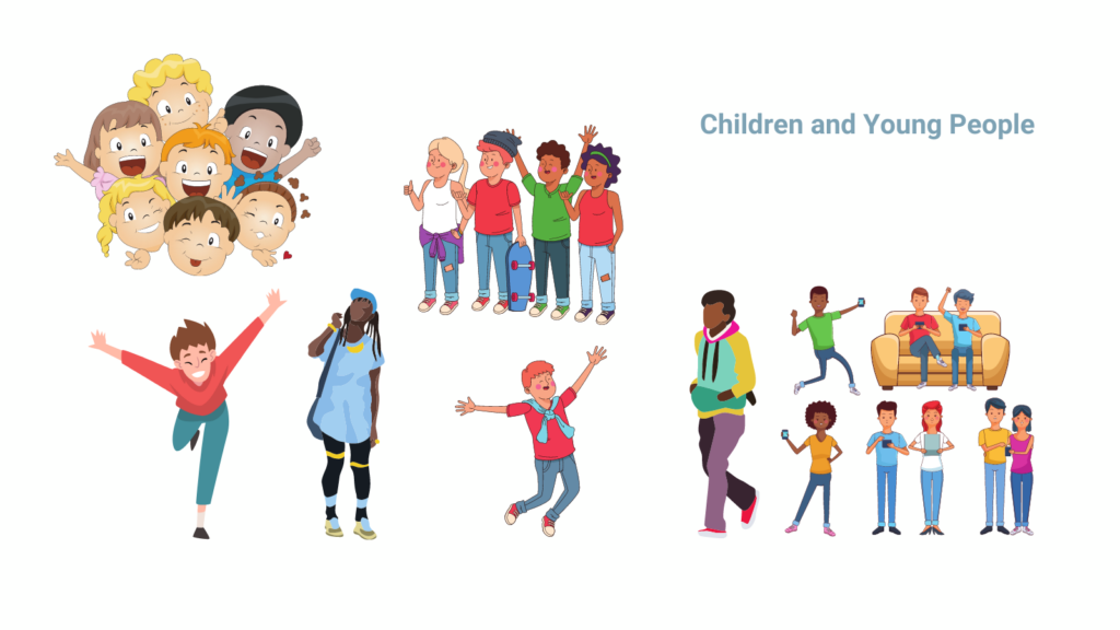 Cartoon style images of range of age groups of children in groups or as individuals, various races and genders