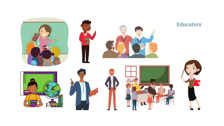 Cartoon style images of educators - various styles, genders and races