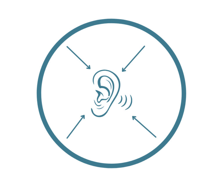 A listening ear within a circle with arrows pointing toward the ear
